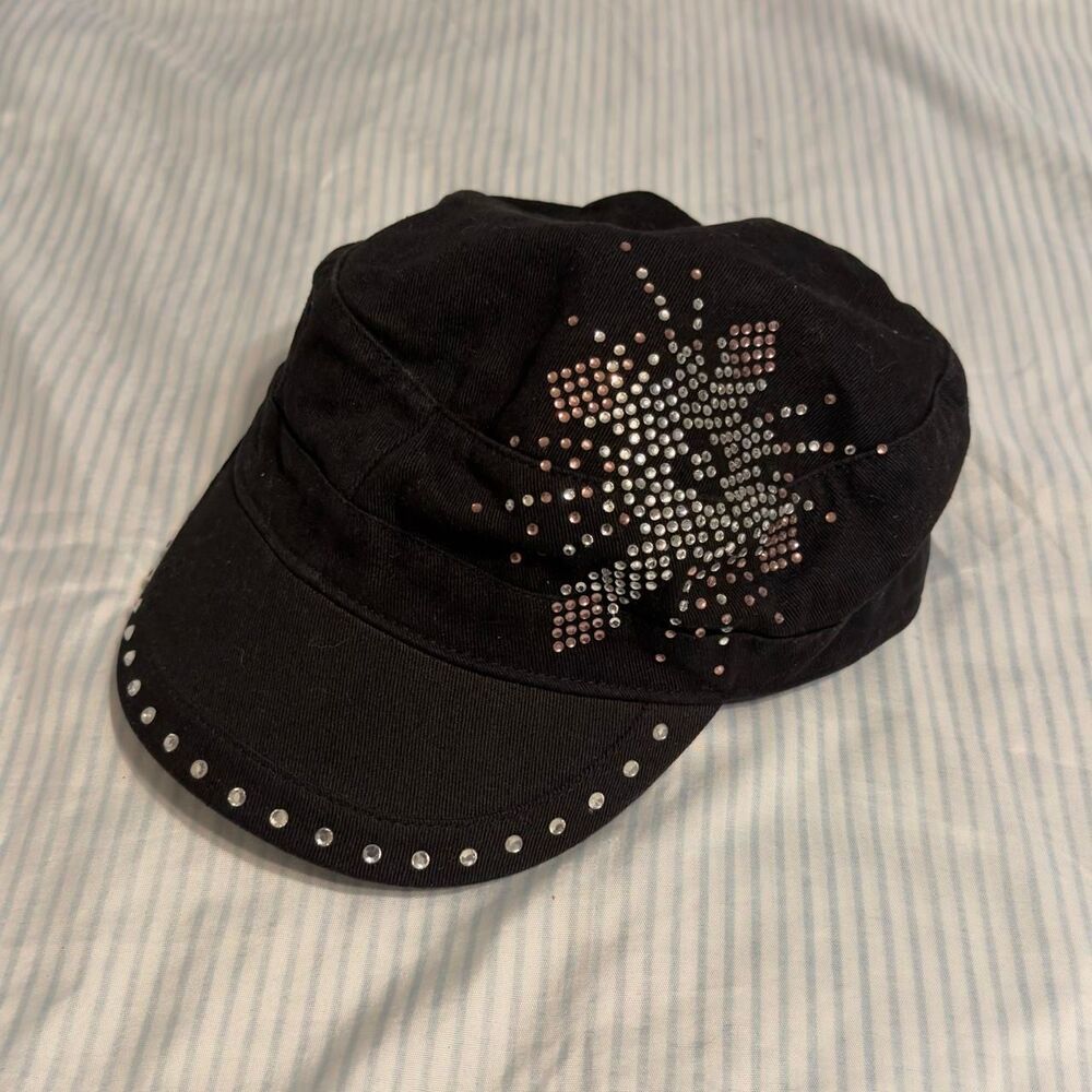BHW Black Rhinestone Studded cross Cadet Army Hat #bling #rhinestones #party